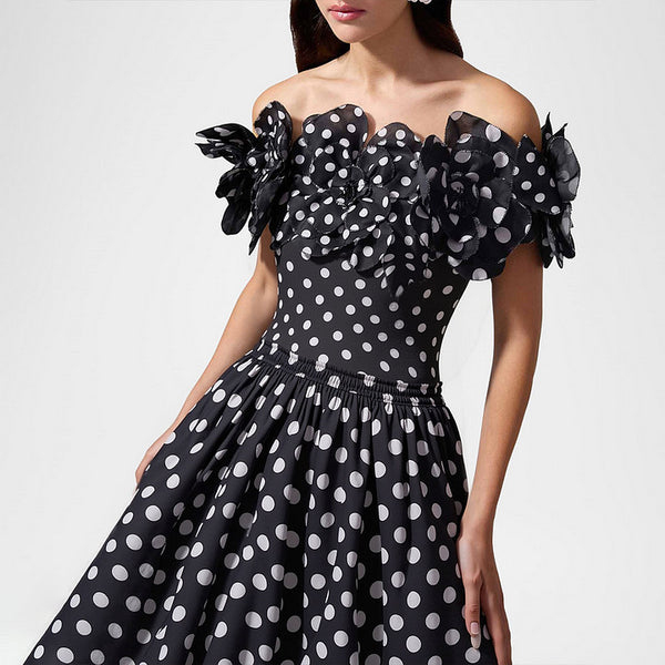 Black Polka Dots Off Shoulder One Piece Swimsuit With Maxi Cover Up