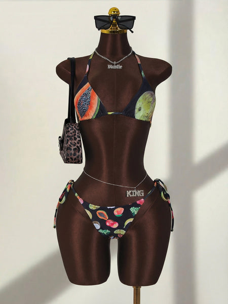 Black Fruit Print Halter Bikini Set With Beach Pants