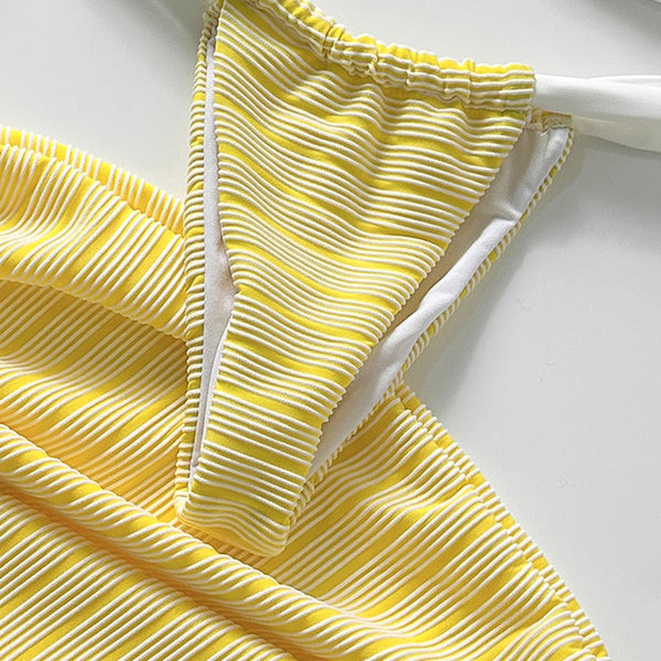 Yellow Solid Thong Bikini Set Beach Skirt