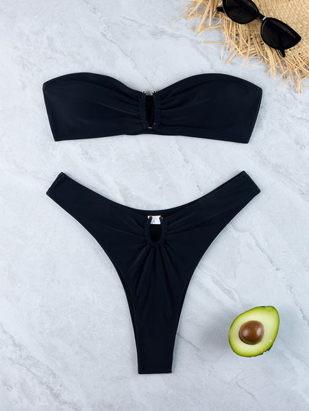 Solid Strapless Front Hook Two Piece Bikini Black