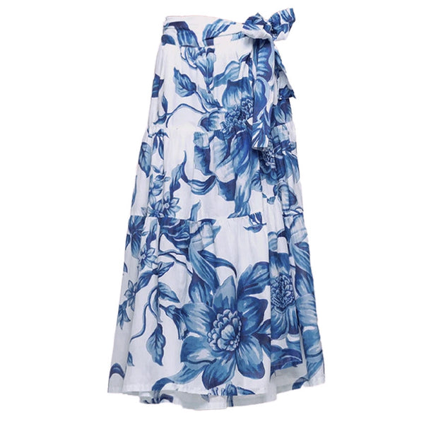 Blue Floral High Waisted Bikini Set With Sarong