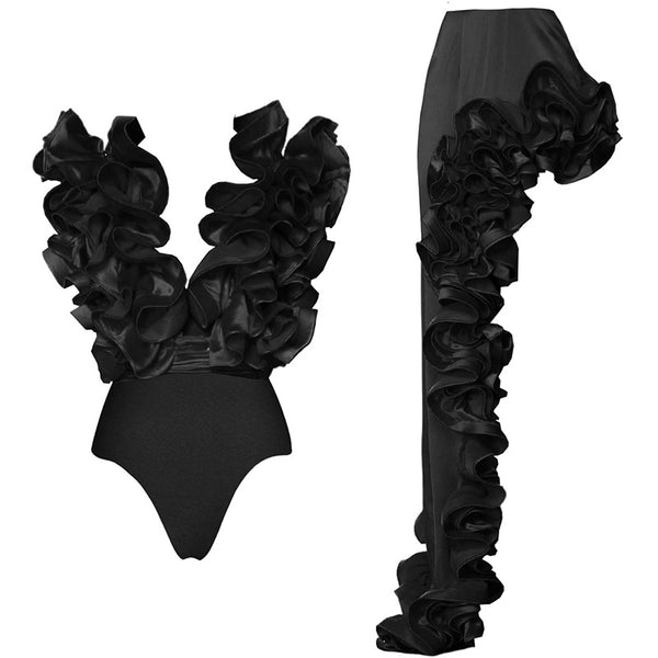 Black Solid Ruffle One Piece Swimsuit With Ruffle Skirt