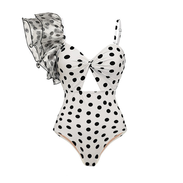 Polka Dot Spaghetti Straps One Piece Siwmsuit With Cover Up White