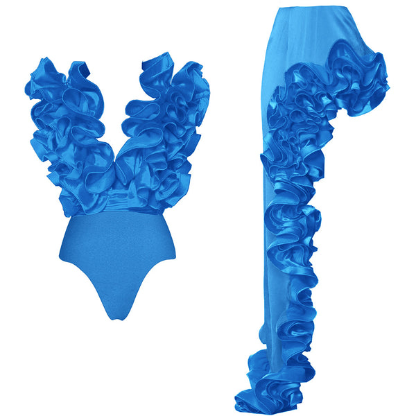 Blue Solid Ruffle One Piece Swimsuit With Ruffle Skirt