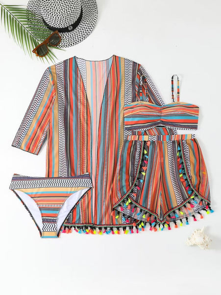 Multicolor Abstract Bikini Set Shirt Cover-Up Beach Shorts