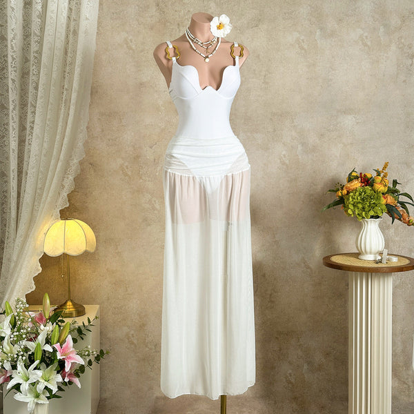 White Solid Deep V One Piece Swimsuit Beach Skirt
