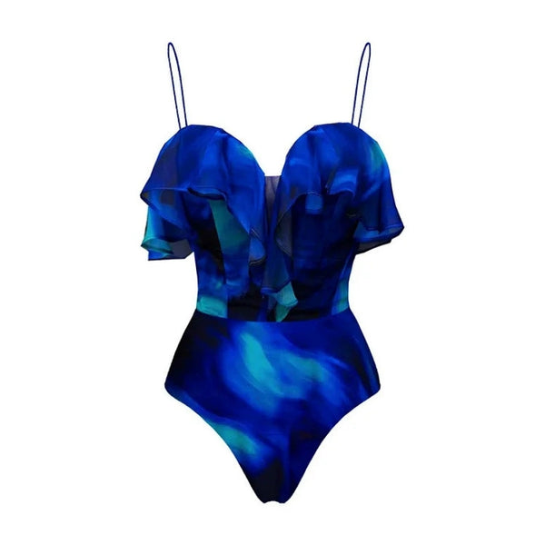Blue Gradient High Cut One-Piece Swimsuit With Beach Skirt