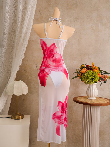 White Tropical Halter Bikini Set With Maxi Cover Up