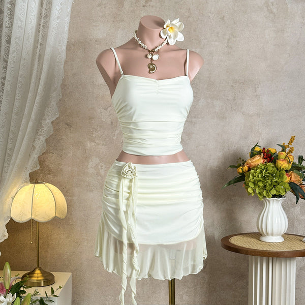 White Solid Crop Top Bikini Set With Beach Skirt