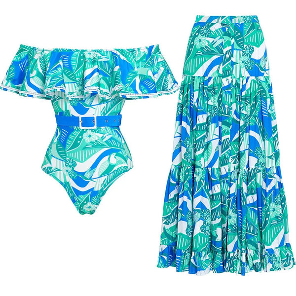 Multicolor Tropical Off Shoulder One Piece Swimsuit With Beach Skirt