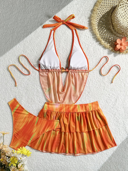 Orange Ombre Halter Bikini Set With Beach Skirt