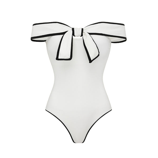 White Solid Off Shoulder One Piece Swimsuit With Beach Skirt Set
