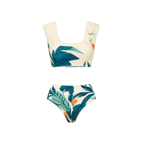 Cream Tropical High Waisted Bikini Set With Beach Pants