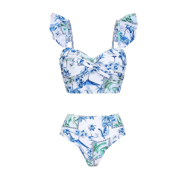 White Tropical High Waisted Bikini Set With Beach Pants