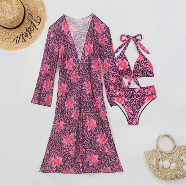 Pink Animal Print Halter Bikini Set With Long Sleeve Shrug Cover Up