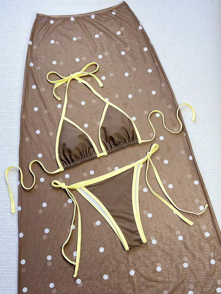 Dark Brown Polka Dots Halter Bikini Set With Beach Skirt