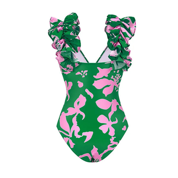 Green Floral Plunge Swimsuit With Maxi Cover Up