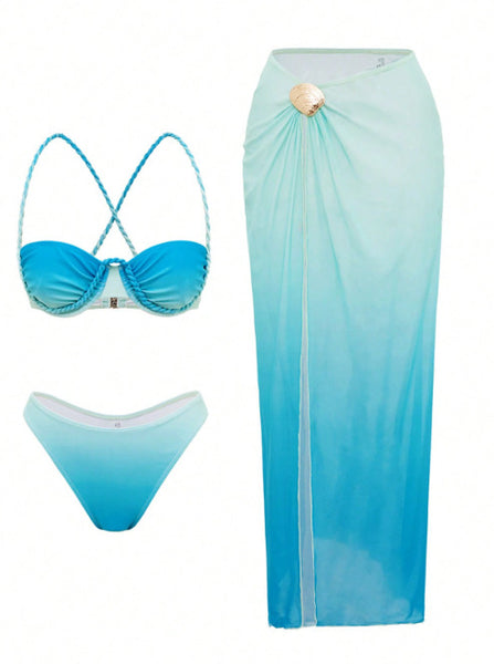 Light Blue Ombre Underwire Bikini Set With Sarong