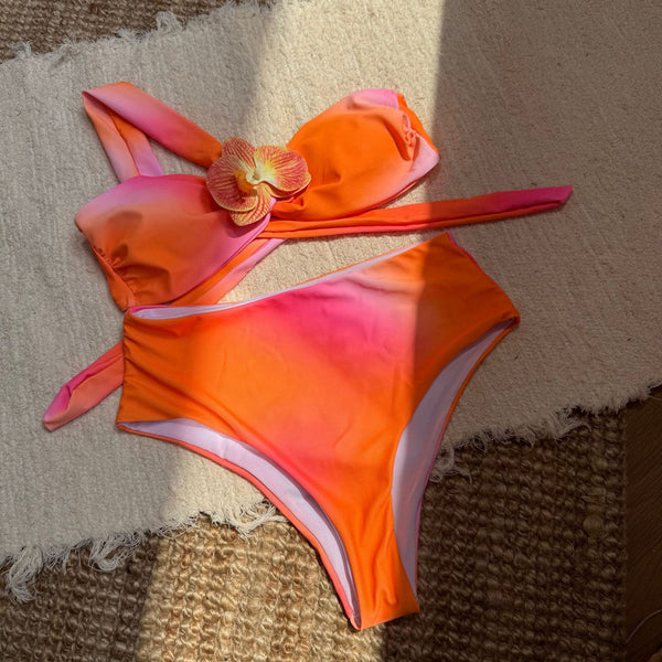 High Waist Bikini Set one-Shoulder Swimwear Pink