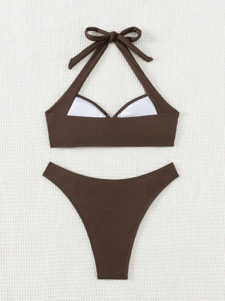 Brown Solid Halter Bikini Set