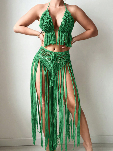 Green Solid Crochet Tassel Halter Top With High Waisted Skirt