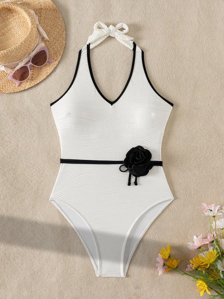 White Solid Halter One Piece Swimsuit