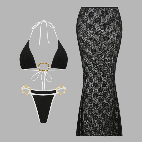 Black Solid Halter Bikini Set With Beach Skirt