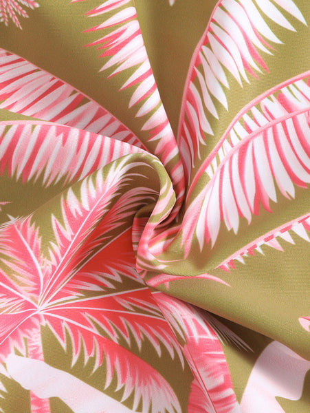 Tropical Print One-Piece Swimsuit Set with Skirt Pink