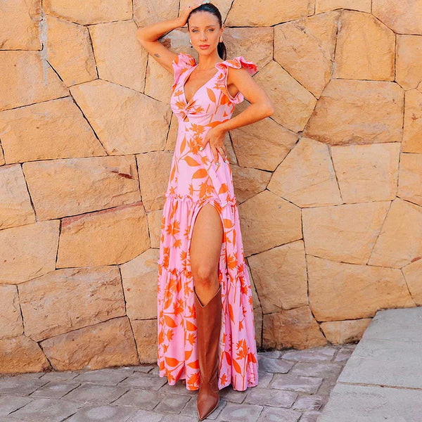 Tropical Print Shoulder Straps One Piece Swimsuit With Cover Up Pink
