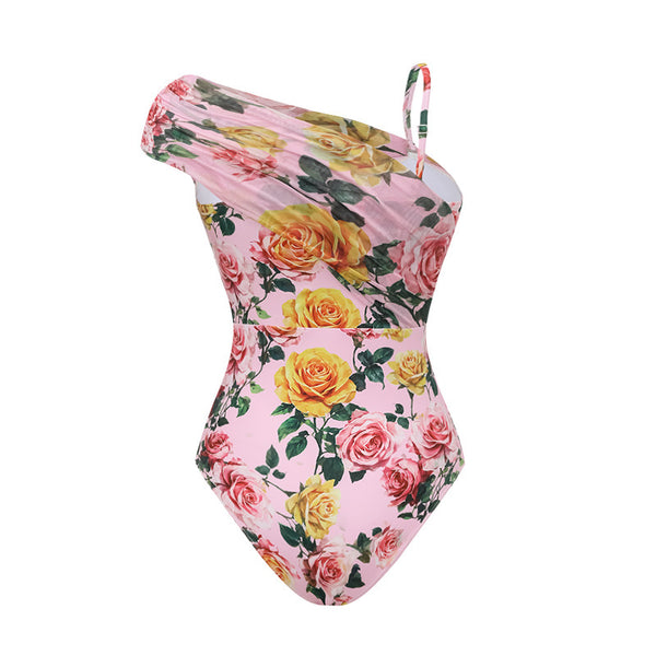 Light Pink Floral One Shoulder One Piece Swimsuit With Beach Skirt