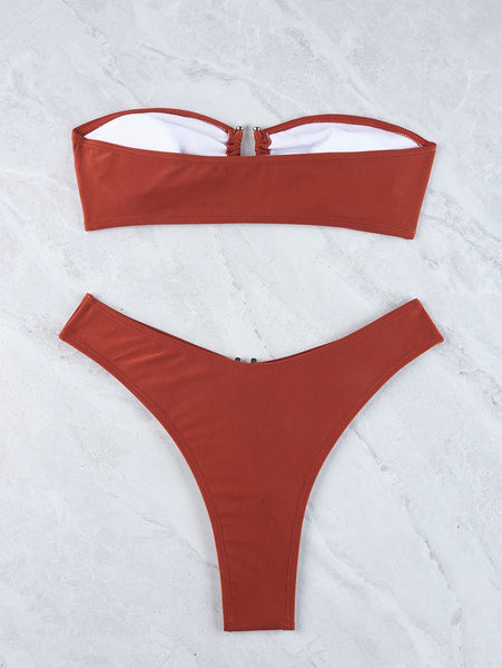 Solid Strapless Front Hook Two Piece Bikini Brown