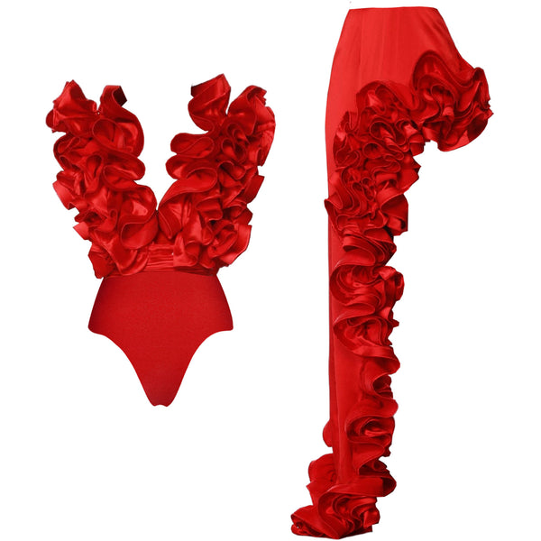 Red Solid Ruffle One Piece Swimsuit With Ruffle Skirt