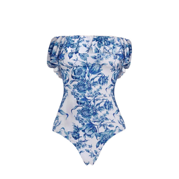 Blue Floral Off Shoulder One Piece Swimsuit With Sarong