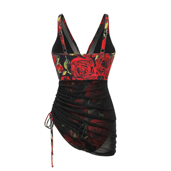 Black Floral Ruched Swimsuit
