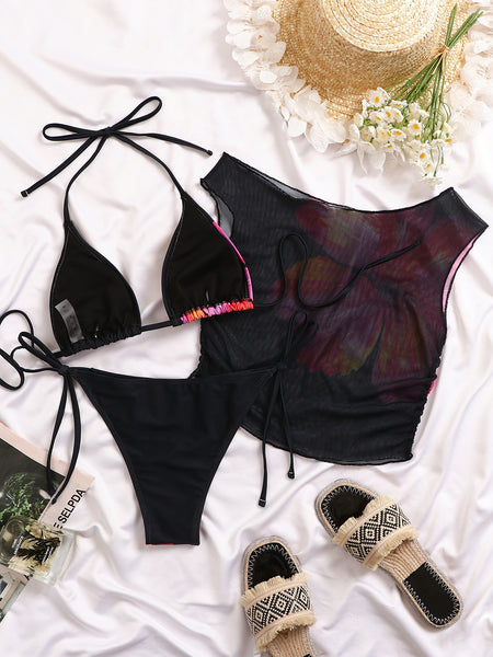 Black Floral Halter Bikini Set With Mesh Crop Top