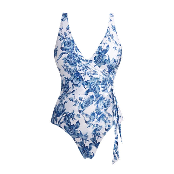 Blue Floral One Piece Swimsuit With Sarong