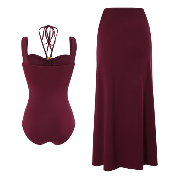Maroon Solid Cut Out One Piece Swimsuit With Beach Skirt