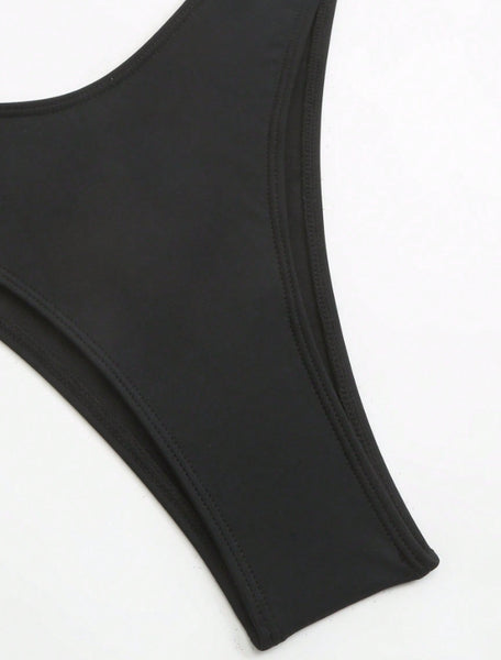 Black Solid Underwire Bikini Set With Sarong