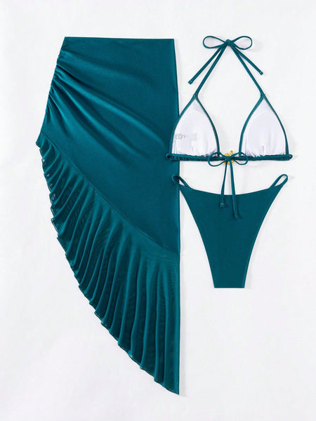 Blue Solid Triangle Bikini Set with Beach Skirt