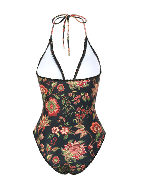 Black Floral Halter One Piece Swimsuit With Sarong