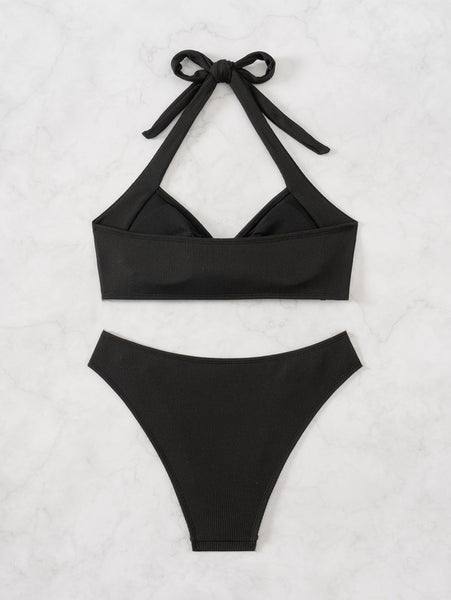 Black Solid Halter Bikini Set