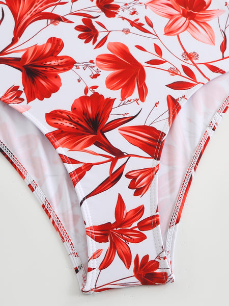 Red Floral One Piece Swimsuit With Maxi Cover Up