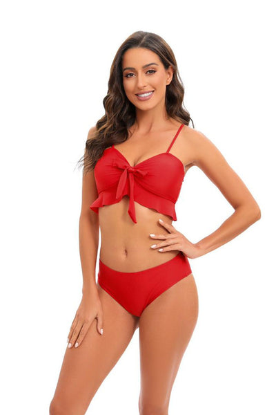 Gradient Colored Bikini Set With Front Knot Detail And Mesh Cover Up Red