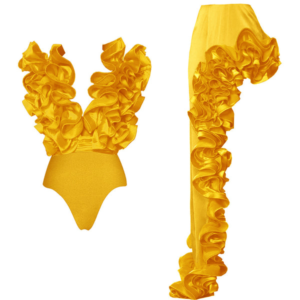 Yellow Solid Ruffle One Piece Swimsuit With Ruffle Skirt