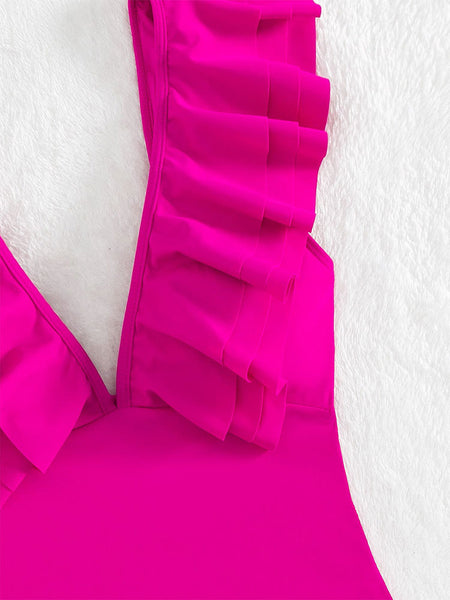 Dark Pink Solid Ruffle One Piece Swimsuit