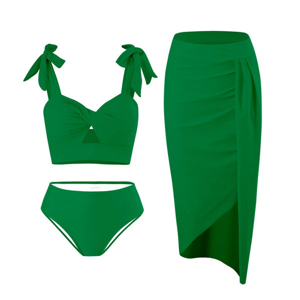 Ruched Tied Three-Piece Bikini Set Green