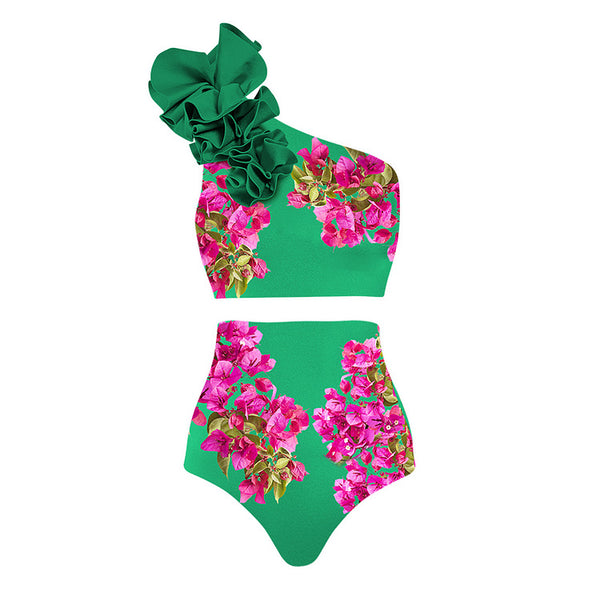 Flower Print One Shoulder Two Piece Swimsuit With Cover Up Green
