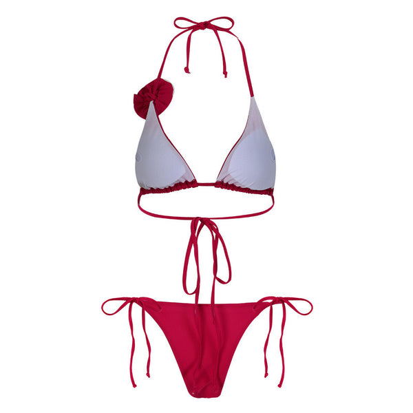 Solid Halter Neck Three Piece Bikini Swimsuit Flower Décor Maroon