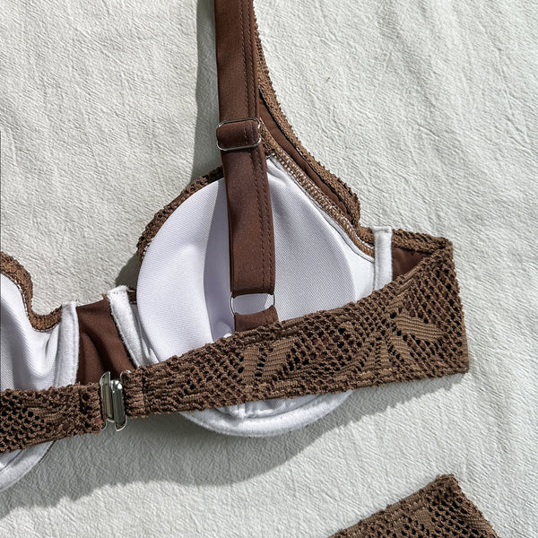 Brown Mesh Print High Cut Bikini Set With Sarong