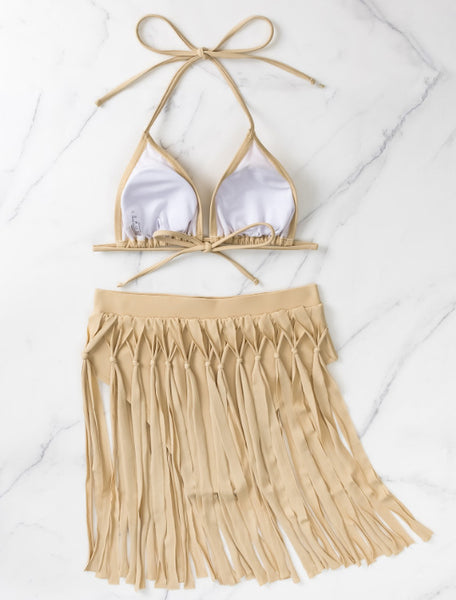 Cream Solid Halter Bikini Set